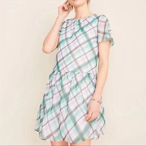 Ann Taylor Dress Drop Waist Plaid Pink Green Spring Easter Gingham Lined Babydol
